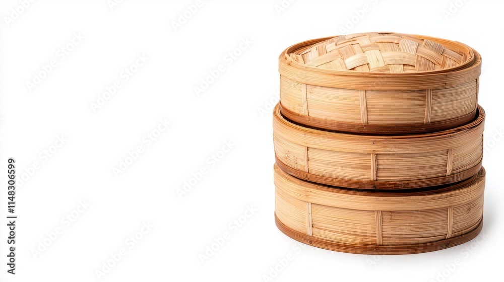 a bamboo steamer, kitchen tool, traditional design, layered baskets, isolated on white background