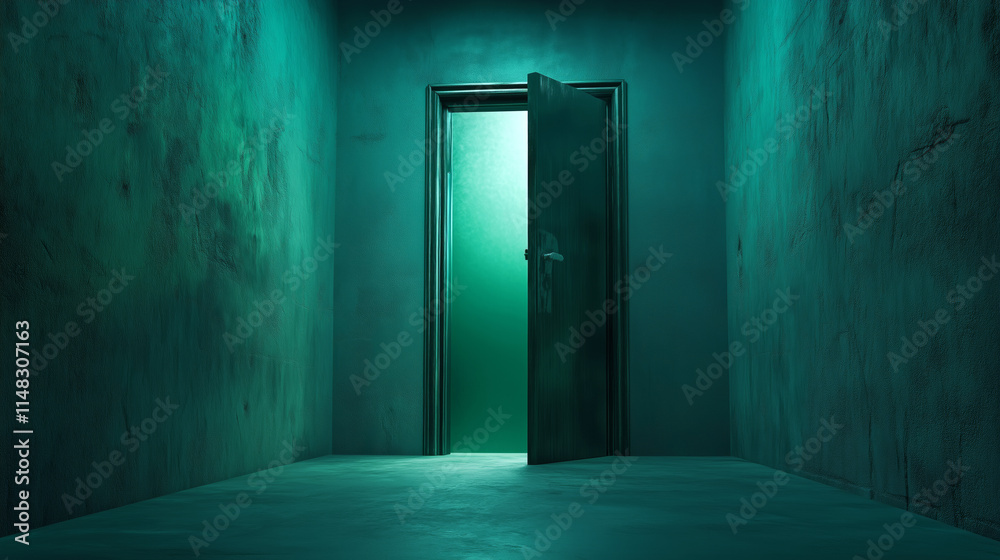 Obraz premium Mysterious door standing open in a dimly lit hallway