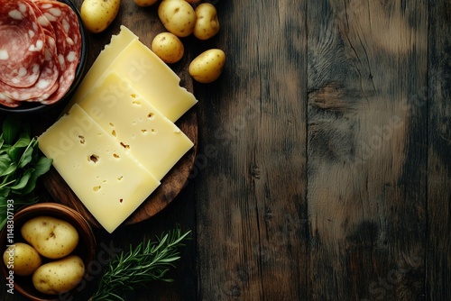 Raclette cheese and potatoes on a rustic wooden table, top view
