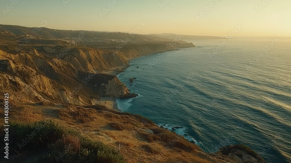 Sunset coastal cliffside view with ocean waves, hills, and hazy horizon. Sunset coastal cliffside view with ocean waves, hills, and hazy horizon.