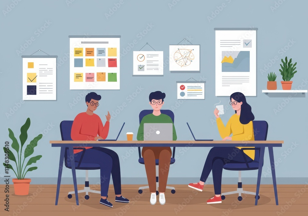 Collaborative office workspace, diverse team meeting, modern open plan office, colorful Collaborative office workspace, diverse team meeting, modern open plan office, colorful
