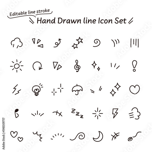 線の編集が可能なベクターデータ。漫画にも使える、手描きの感情のあしらいのモノクロのアイコンセット