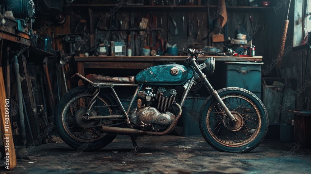 Fototapeta premium Rustic motorcycle in a cluttered workshop.