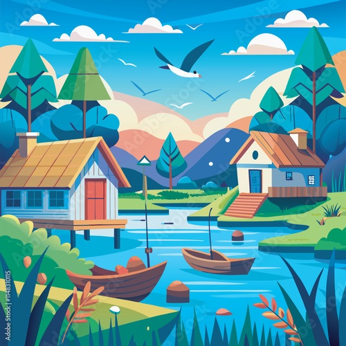 Serene lakeside village