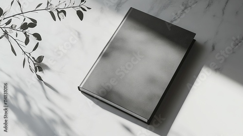 Blank black hardcover book mockup on marble table with plant.