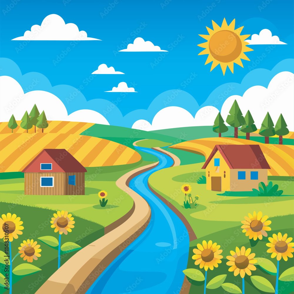 Fototapeta premium Countryside scene with houses and fields