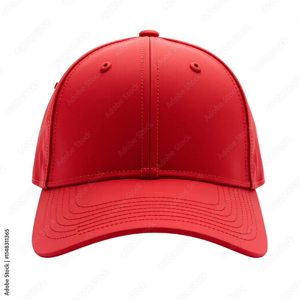 Red baseball cap with button detailing on a black background