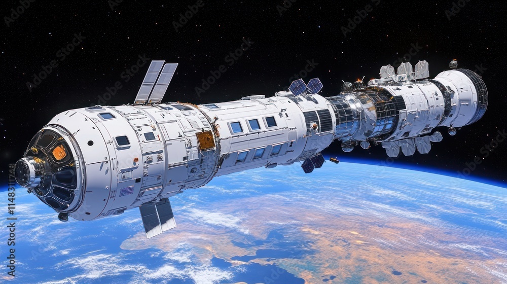 Fototapeta premium Spaceship orbiting Earth, showing detailed modules, solar panels, and Earth's curvature.