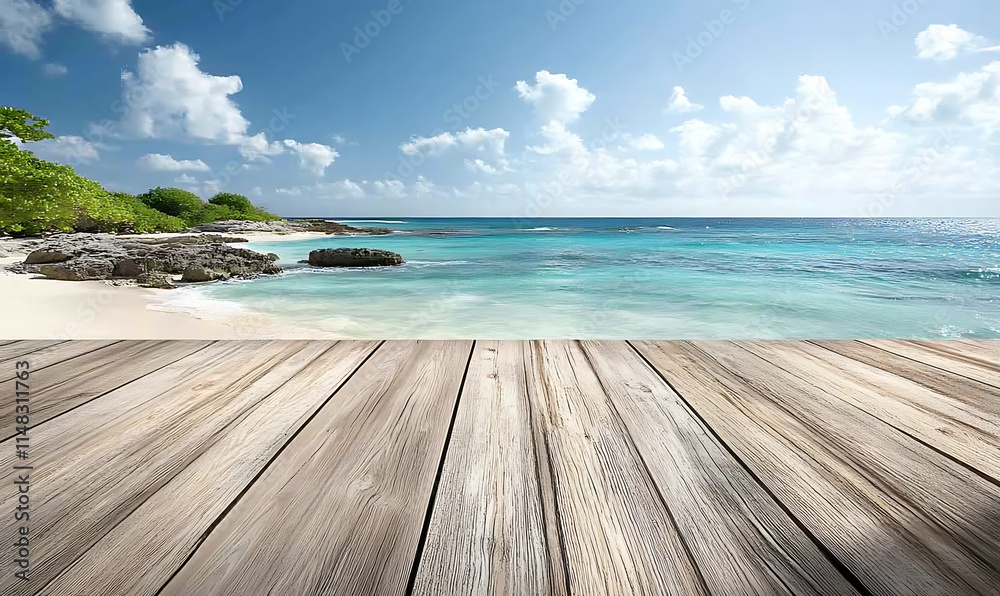 Fototapeta premium Rustic Wooden Planks Overlooking Turquoise WatersFor product display.Calm Sea and Blue Sky Background