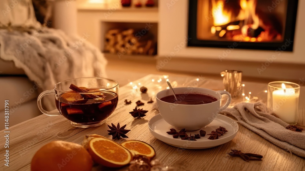 Cozy Mulled Wine Gathering by the Fireplace During a Chilly Evening Cozy Mulled Wine Gathering by the Fireplace During a Chilly Evening