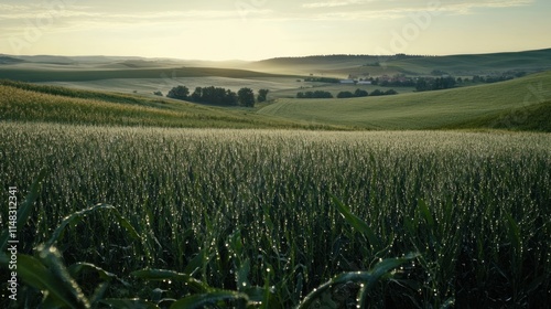 Dew-covered wheat field at sunrise, rolling hills and distant farm.