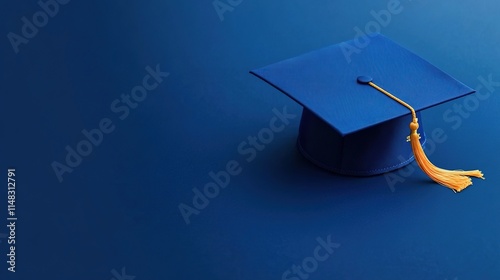 Blue graduation cap with tassel on a blue background. 