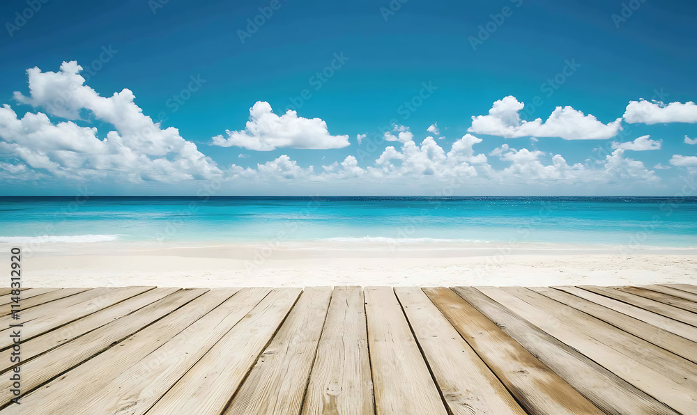 Weathered Wooden Floor on Secluded Beach, For product display.Calm Sea and Blue Sky Background Weathered Wooden Floor on Secluded Beach, For product display.Calm Sea and Blue Sky Background