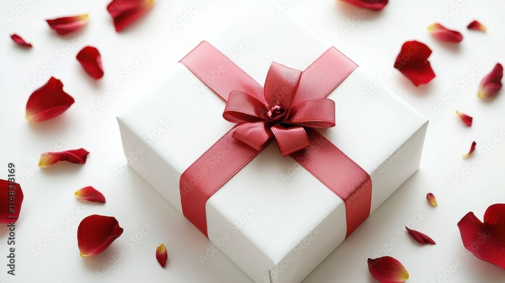 Elegant White Gift Box with Red Ribbon Surrounded by Rose Petals on a Light Background Elegant White Gift Box with Red Ribbon Surrounded by Rose Petals on a Light Background
