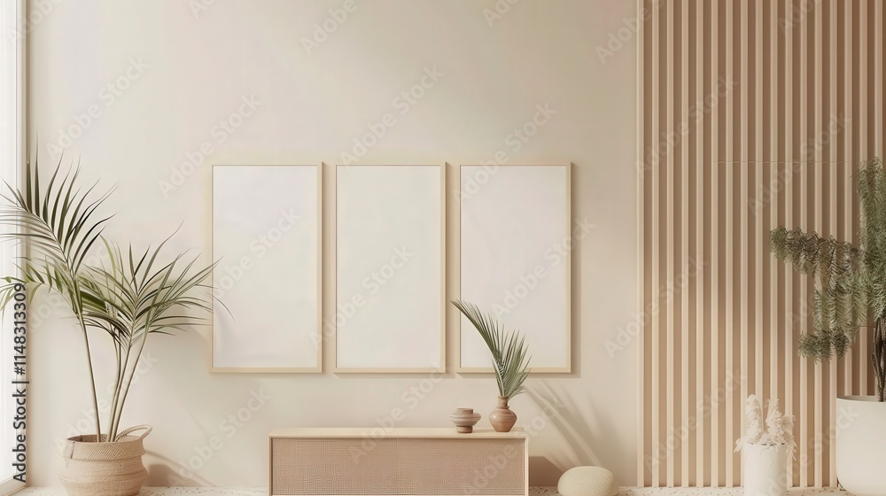 Fototapeta premium Minimalist living room interior with three blank frames. wooden wall panels. and potted plants