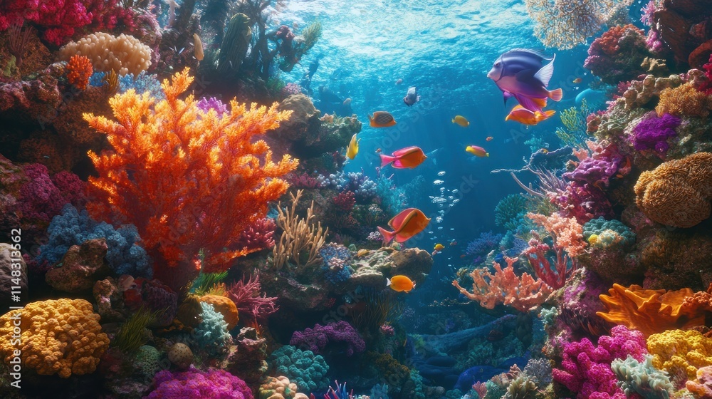 Fototapeta premium Vibrant coral reef teeming with diverse colorful fish and marine life under sunlit ocean water.