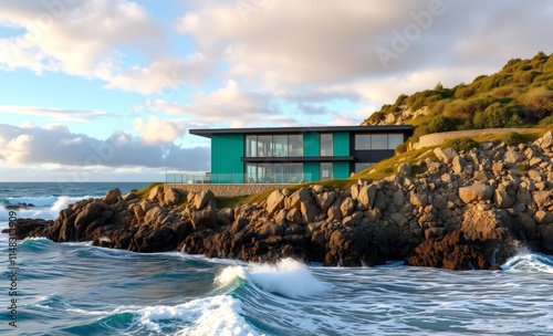 Coastal retreat with a modern home azure green panels and a facade of rugged coastal stone overlooking crashing waves ocean front property ocean property house home beach real estate photo