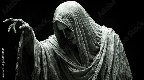A ghostly figure draped in tattered cloth, reaching out with a haunting expression.