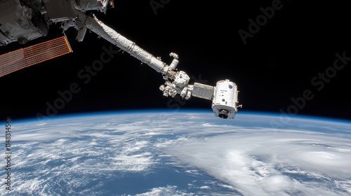 A space station laboratory orbiting Earth, where astronauts conduct advanced biological experiments under microgravity conditions, using robotic arms to manipulate samples. Through the windows, 