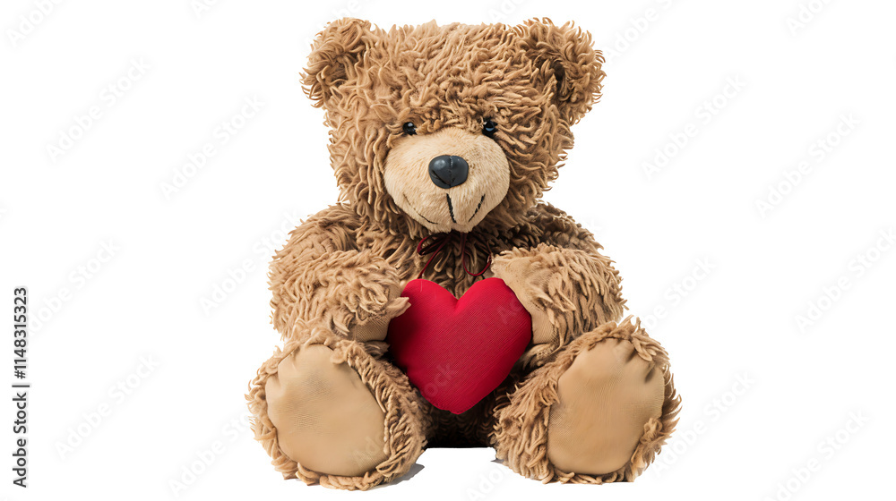 Obraz premium A plush teddy bear holding a red heart, isolated on white background, cut out
