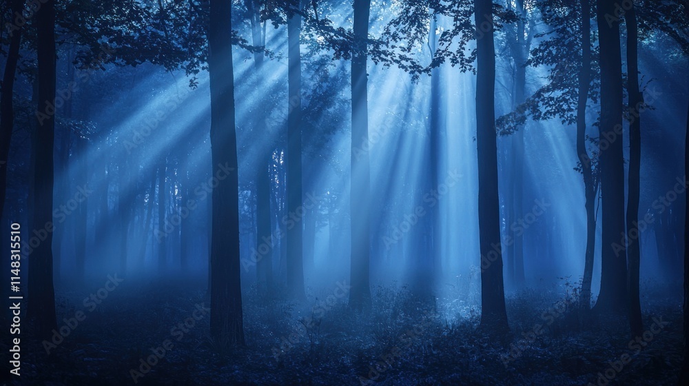 Fototapeta premium Enchanted Blue Forest: Sunbeams Piercing the Mystical Woods