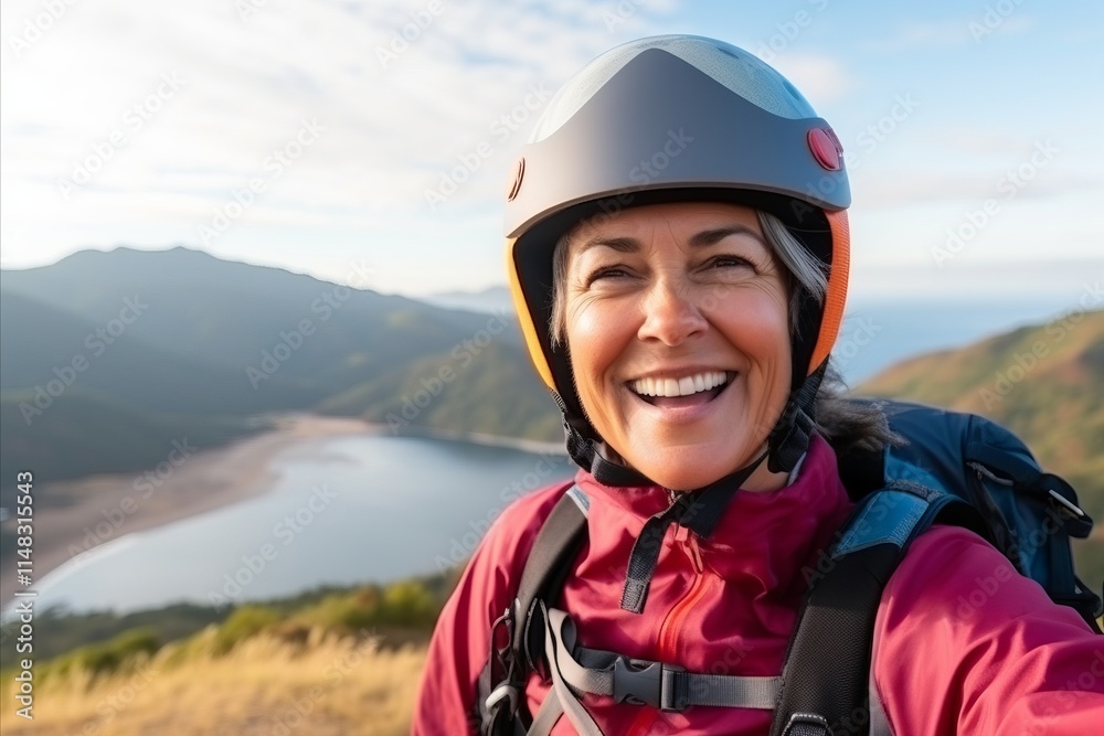 Portrait of happy senior woman with mountain bike helmet looking at camera Portrait of happy senior woman with mountain bike helmet looking at camera