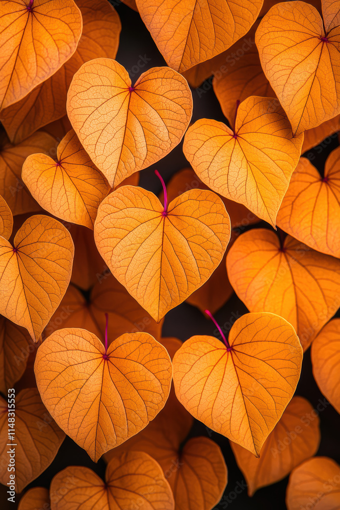 Obraz premium Vibrant orange heart-shaped leaves create a stunning, natural pattern, reflecting the beauty of autumn foliage.