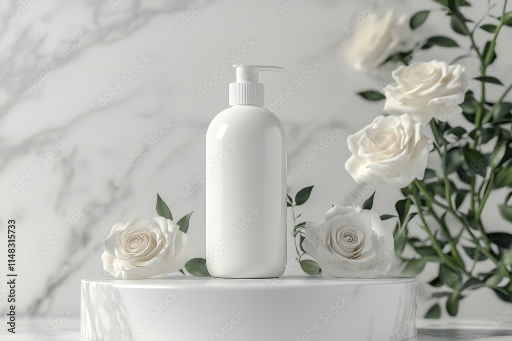 Blank white pump lotion bottle mockup on marble podium with white rose decoration. Concept for Cosmetic advertising, Beauty commercial, Packshot Blank white pump lotion bottle mockup on marble podium with white rose decoration. Concept for Cosmetic advertising, Beauty commercial, Packshot