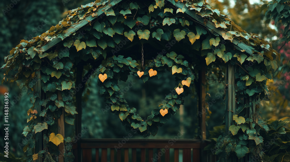 Obraz premium An old, ivy-covered gazebo where the leaves form heart shapes, with clear areas on the gazebo's slats for text