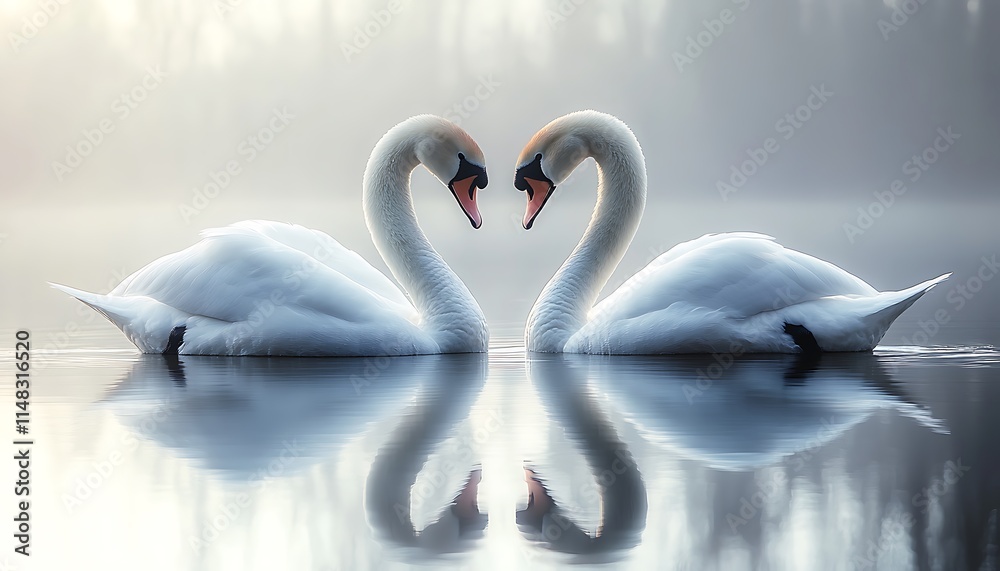 Fototapeta premium Two swans gracefully forming a heart shape in calm water.