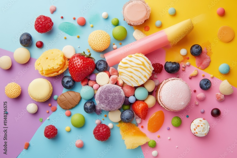 Fototapeta premium Colorful Sweets and Candies Scattered on Pastel Background
