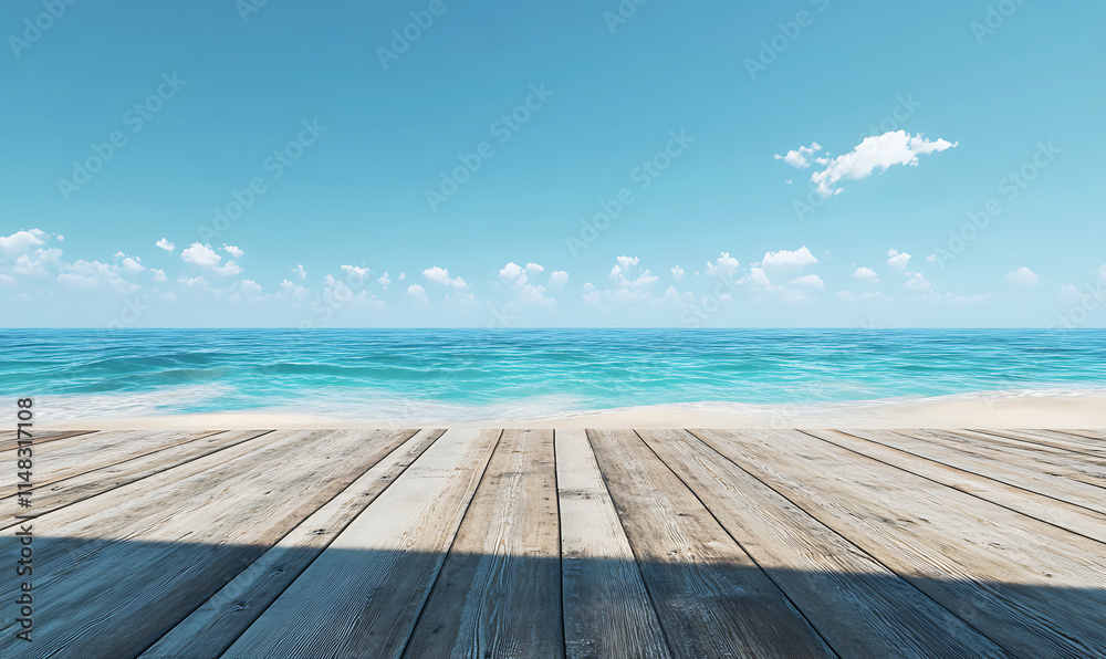 Wooden Plank with Sandy Beach and Calm Sea For product display.Calm Sea and Blue Sky Background Wooden Plank with Sandy Beach and Calm Sea For product display.Calm Sea and Blue Sky Background