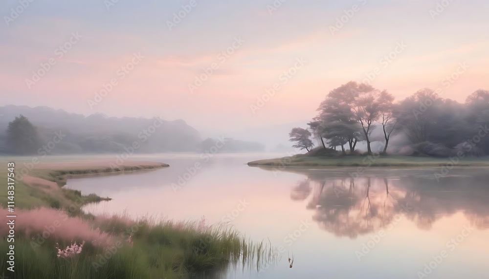 Fototapeta premium Serene Sunrise Over Misty River and Trees
