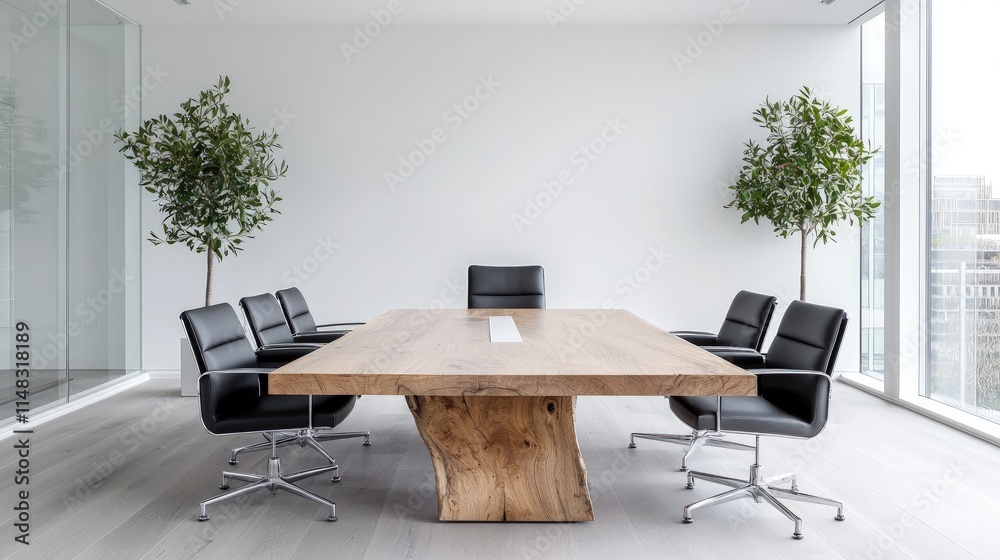 Fototapeta premium Modern conference room featuring a large live edge wooden table surrounded by black leather chairs in a bright, minimalist office interior.