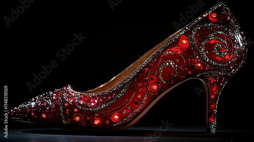 A glamorous red high heel adorned with sparkling embellishments and intricate designs.