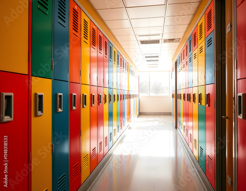 Colorful school lockers hallway.