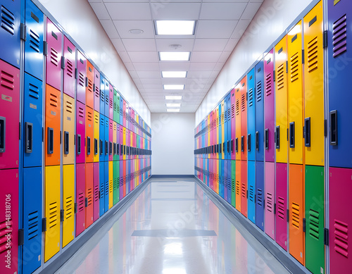 Colorful school lockers hallway.
