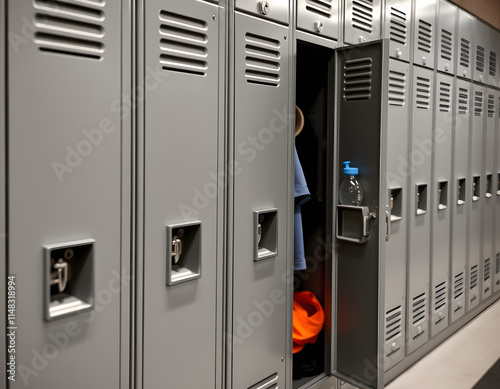 Open locker with clothing and water bottle.