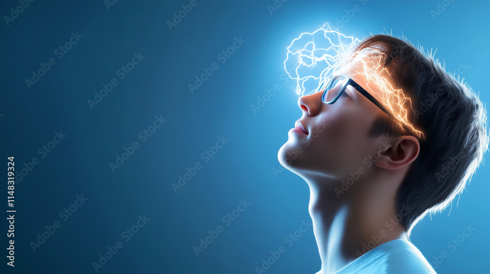 Young man with glowing mind and creative energy Young man with glowing mind and creative energy