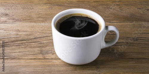 Steaming cup of coffee on rustic wooden table in warm morning light.