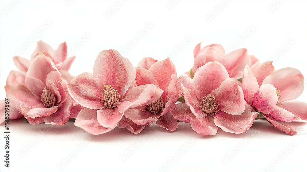 Fototapeta premium Beautiful pink magnolia flowers with delicate petals isolated on a white background, perfect for creative projects, commercial use, and high-resolution stock photography