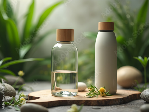 Sustainable Drinkware: Eco-Friendly Water Bottles Showcased Among Natural Elements photo