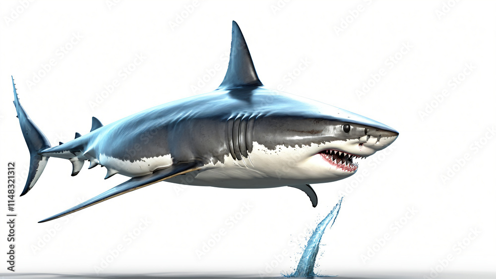 Obraz premium Fierce Great White Shark Isolated on White Background