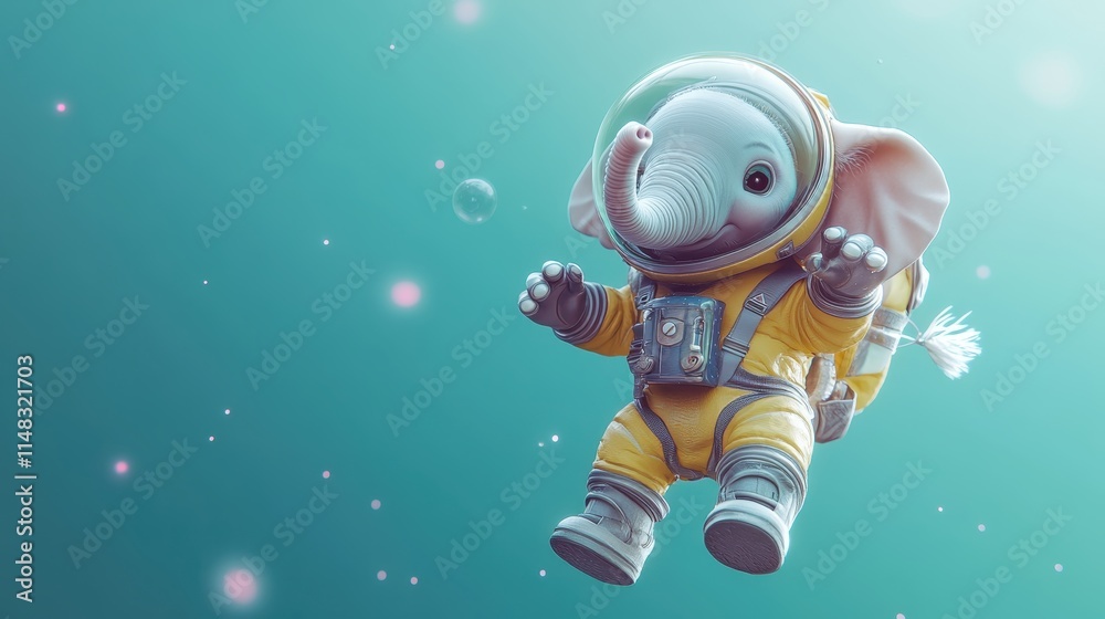 Adorable Baby Elephant in Spacesuit Floating in Outer Space with Bubbles and Stars Adorable Baby Elephant in Spacesuit Floating in Outer Space with Bubbles and Stars