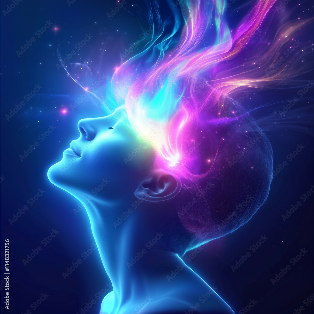 Vibrant colors illuminate a person's thoughtful expression Vibrant colors illuminate a person's thoughtful expression