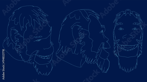 Neanderthal Man contour set, Front, side, isometric view. Vector illustration
