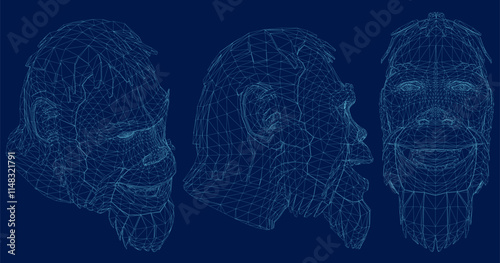 Neanderthal Man wireframe set, Front, side, isometric view. Vector illustration