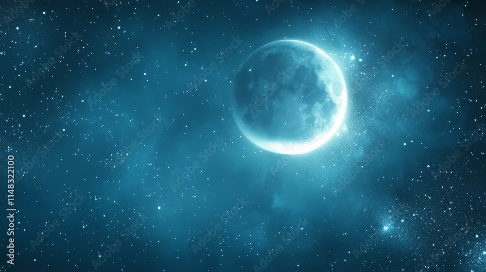 A serene depiction of a luminous moon surrounded by a starry night sky. A serene depiction of a luminous moon surrounded by a starry night sky.