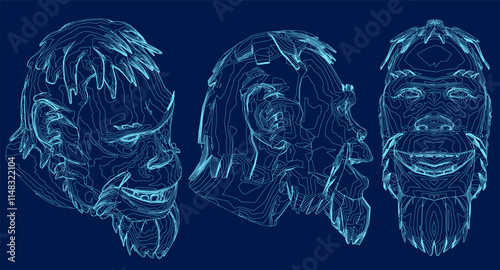 Neanderthal Man contour set, Front, side, isometric view. Vector illustration