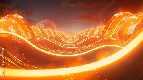 Bright abstract background with orange and yellow waves, stars, and light patterns creating a dynamic summer energy design photo